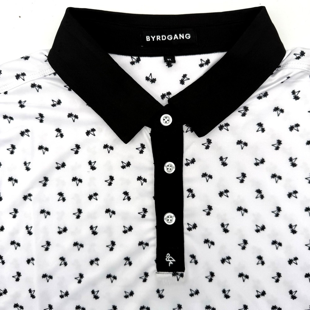 Byrdgang Polo Shirt Mens XL White Black Palm Tree Print Performance Stretch Golf